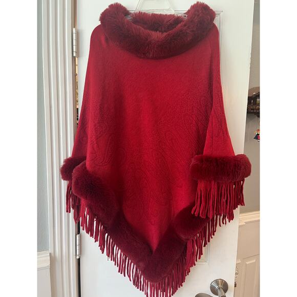 Glam Old Money Luxury Mobwife Poncho Acrylic Fall Winter Fringe Faux Fur Pattern - Picture 3 of 7